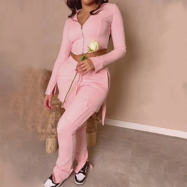 Women's Casual Tight Sportswear Multi pocket Top Pants Suit Pink Suit - Shop at LoveMi