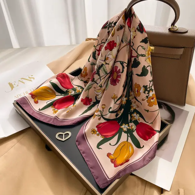 New 70 Korean Style Small Square Towel Silk Scarf For Women A0155 Flowers Brown - Shop at LoveMi