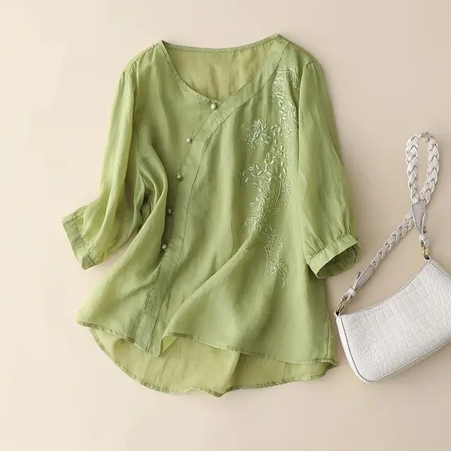 Plus Size Slimming Cotton And Linen Top With Buckle Loose Cotton linen Shirt Women Green - Shop at LoveMi