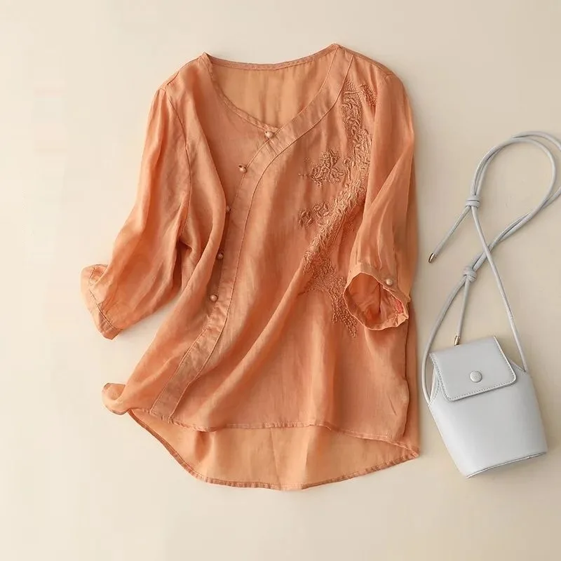 Plus Size Slimming Cotton And Linen Top With Buckle Loose Cotton linen Shirt Women Orange - Shop at LoveMi