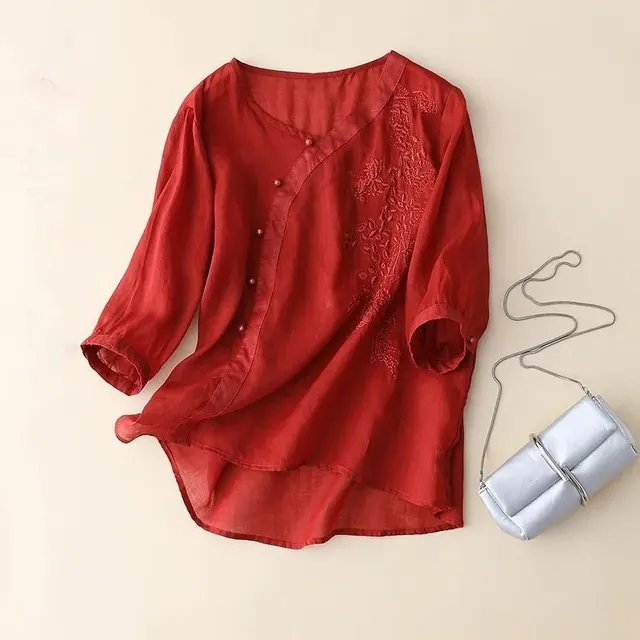Plus Size Slimming Cotton And Linen Top With Buckle Loose Cotton linen Shirt Women Red - Shop at LoveMi