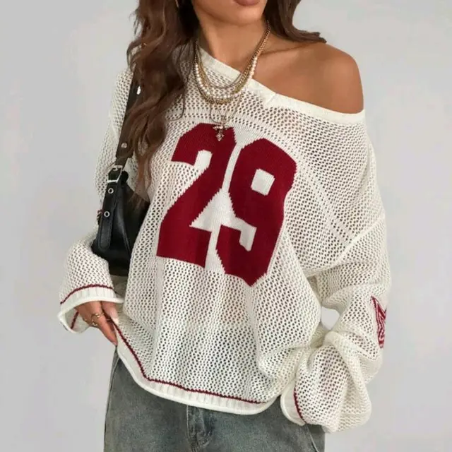 New Women's Knitted Striped Digital Print Blouse White - Shop at LoveMi