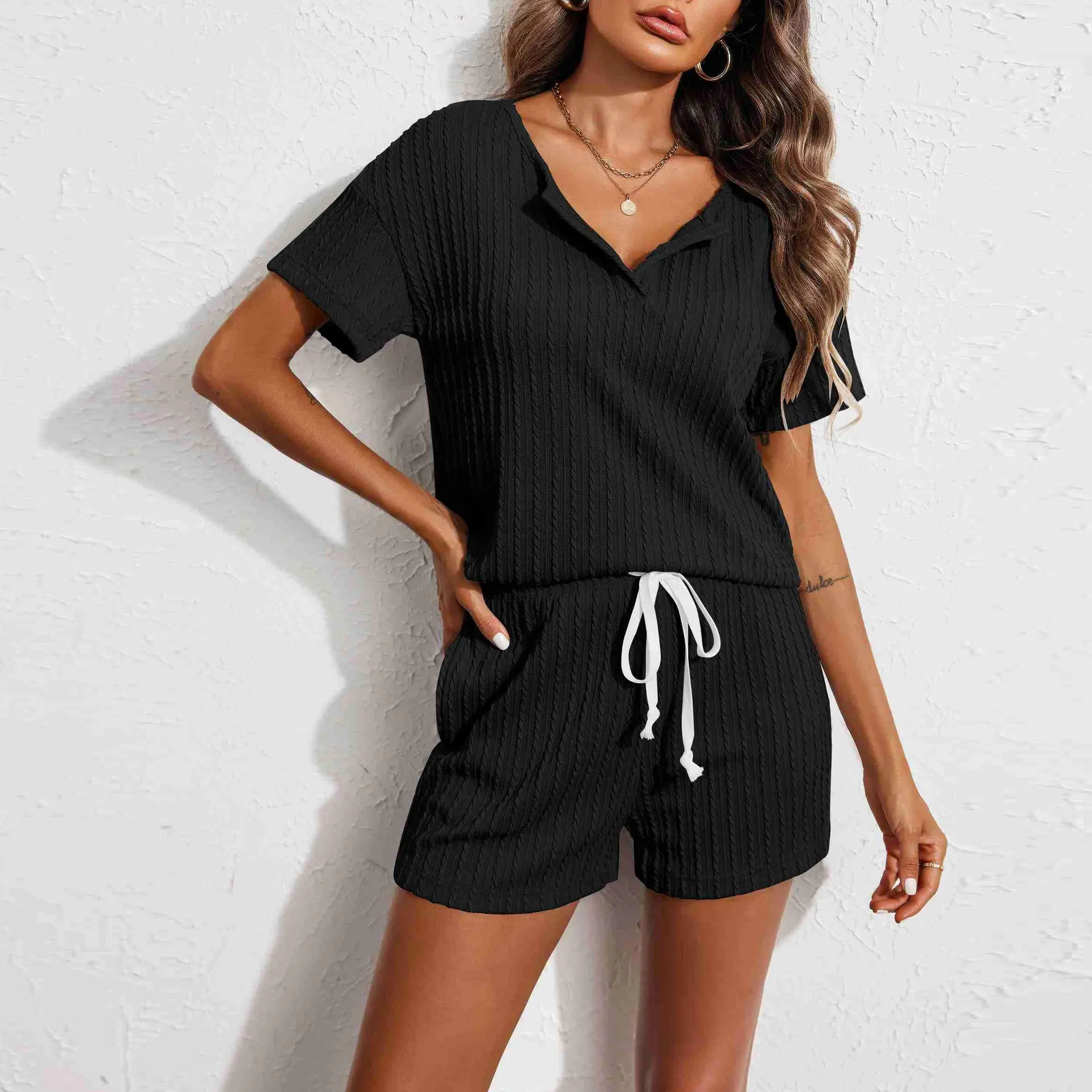 Ladies' Homewear Pajamas Suit Two-piece Set - Black