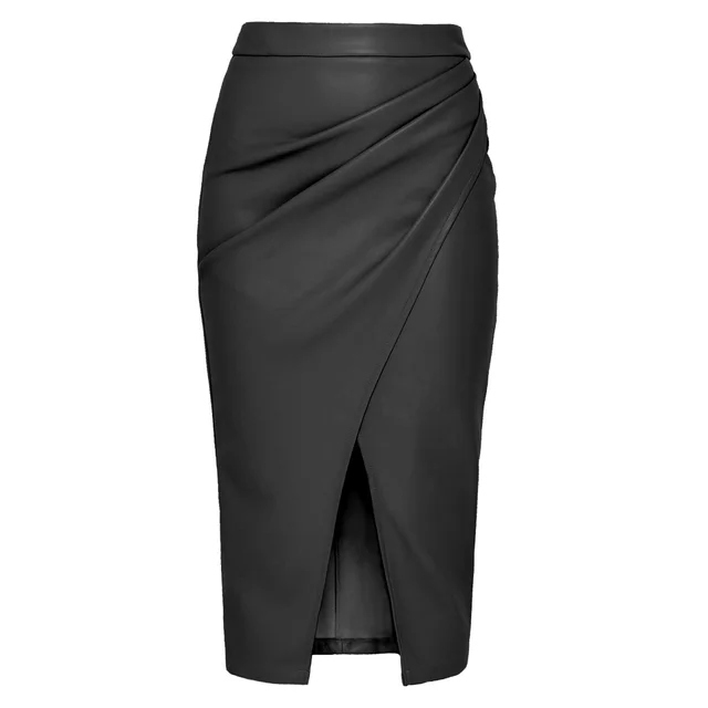 Women's High Waist Zipper Heap Pleated Leather Skirt Black - Shop at LoveMi