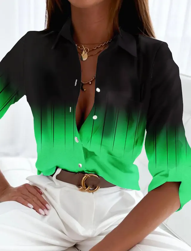 Women's Long Sleeve Casual Gradient Color Button Printed Shirt 3V5Yy4R - Shop at LoveMi