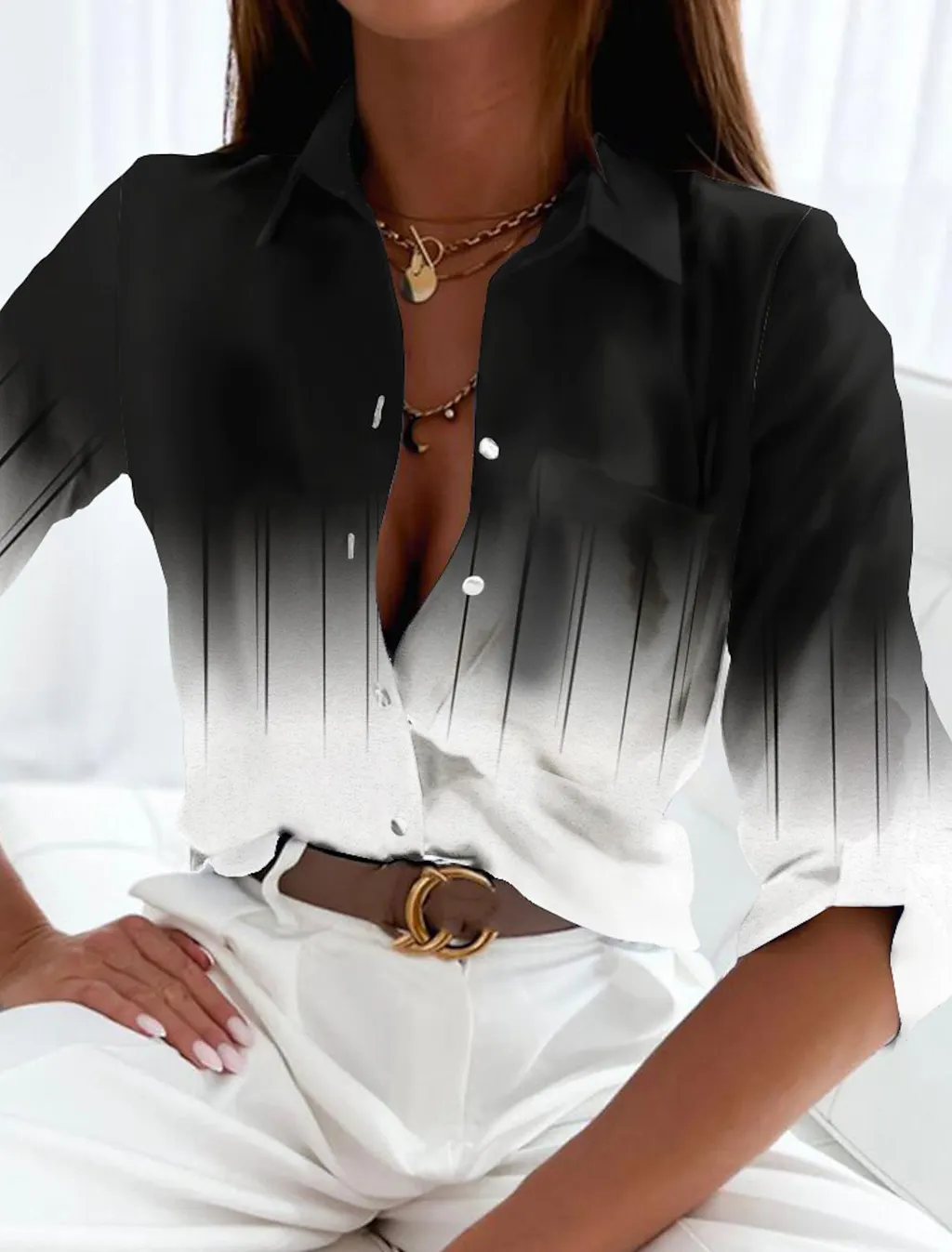 Women's Long Sleeve Casual Gradient Color Button Printed Shirt - 3V5Yy4U