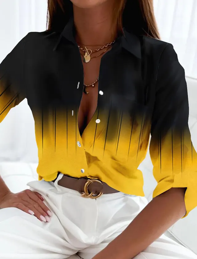Women's Long Sleeve Casual Gradient Color Button Printed Shirt Xxxxl - Shop at LoveMi