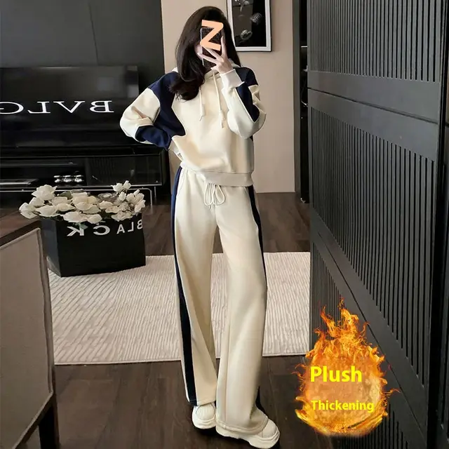 Fleece lined Thick Long Sleeve Casual Suit Women Autumn And Winter Beige Plus Velvet - Shop at LoveMi