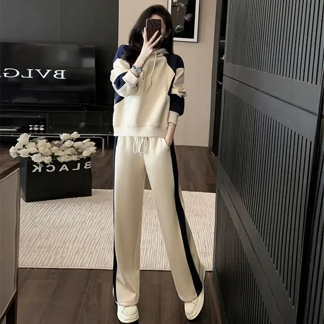 Fleece lined Thick Long Sleeve Casual Suit Women Autumn And Winter Beige Thin - Shop at LoveMi
