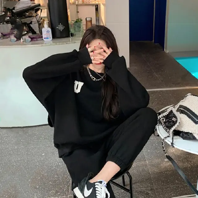 Casual Fashion Sports Set Women's Spring And Autumn New Loose Black - Shop at LoveMi