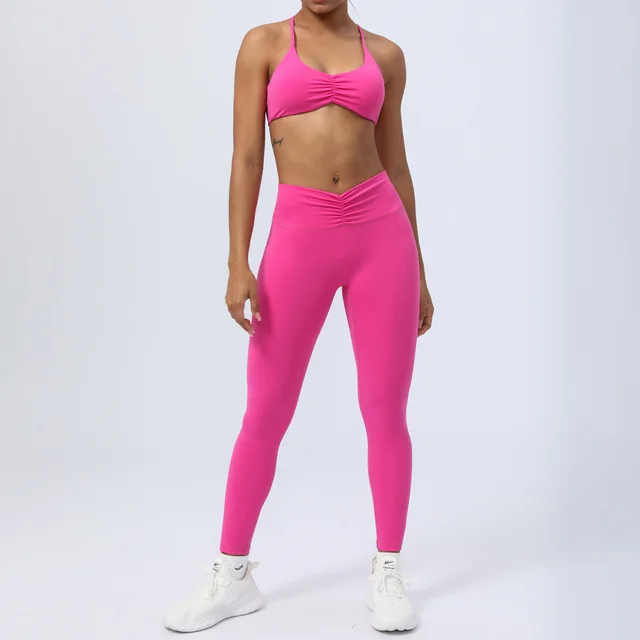 Nude Feel Workout Clothes Suit Y shaped Beauty Back Yoga Clothes With Chest Pad Rose Red - Shop at LoveMi