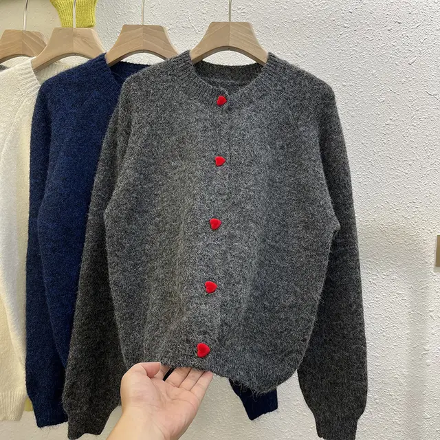 Gray With Heart Button Sweater Coat Women's Loose Dark Gray - Shop at LoveMi