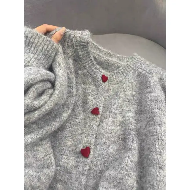 Gray With Heart Button Sweater Coat Women's Loose Gray - Shop at LoveMi