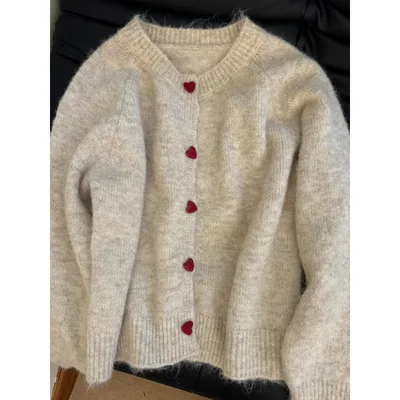 Gray With Heart Button Sweater Coat Women's Loose Oatmeal Color - Shop at LoveMi