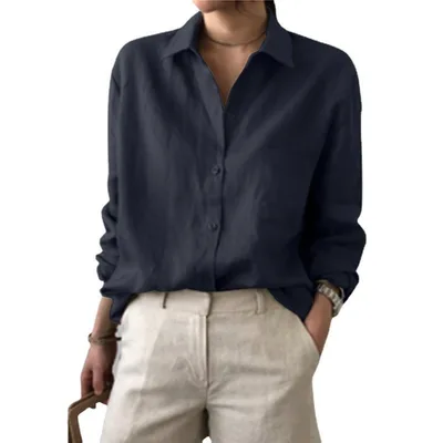 Solid Color Shirt Women's Retro Top Navy - Shop at LoveMi