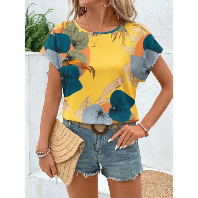 Summer Loose fitting Casual Round neck Printed Short sleeved Top Picture Color Top - Shop at LoveMi