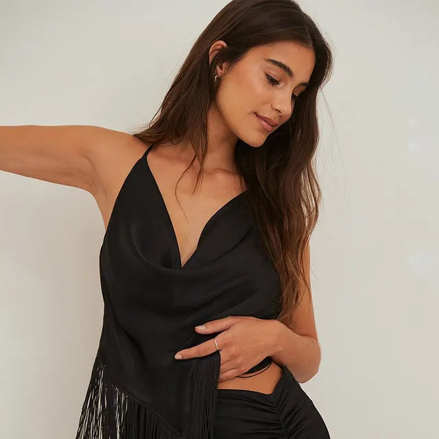 Women's Solid Color Swing Collar Design Tassel Suspender Vest - Black