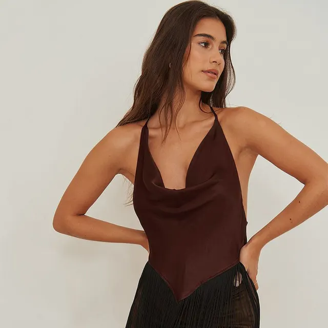 Women's Solid Color Swing Collar Design Tassel Suspender Vest Brown - Shop at LoveMi