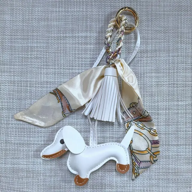 PU Sausage Dog Silk Scarf Hand Rope Bag Pendant White Dog Beige Scarf - Shop at LoveMi