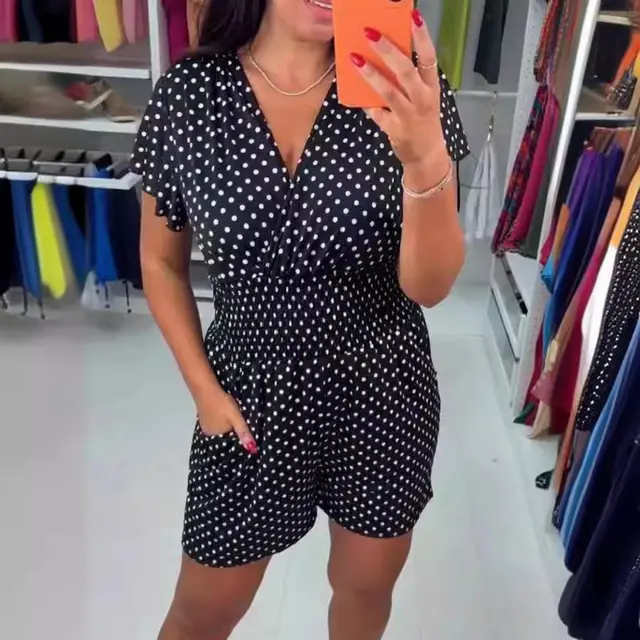 Polka Dot V neck Short sleeved One piece Shorts Black - Shop at LoveMi