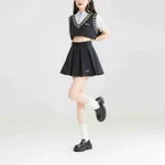 French Style Embroidered Lace Patchwork Top - Black Pleated Short Skirt