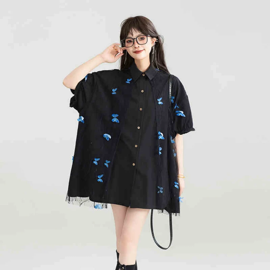 French Style Embroidered Lace Patchwork Top - Black Short Sleeved Style