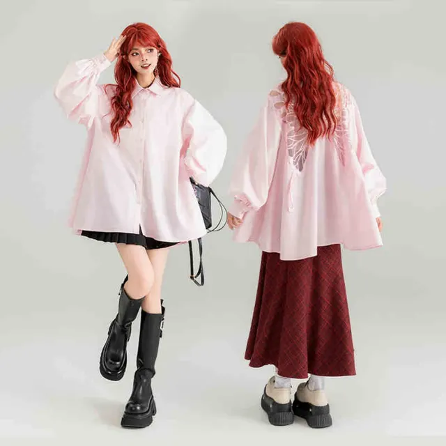 Butterfly Embroidered Black Long Sleeve Shirt Pink Long Sleeved Shirt - Shop at LoveMi