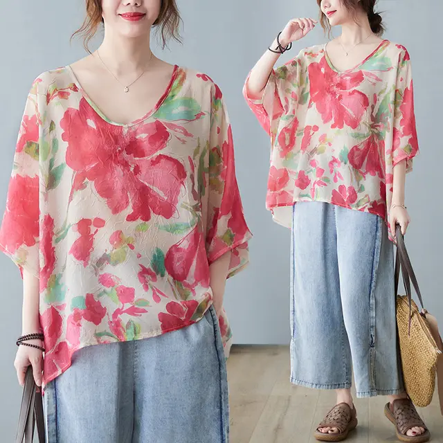 Retro Large Flower Loose Plus Size Fat Short Sleeve T shirt Retro Big Red Flower - Shop at LoveMi