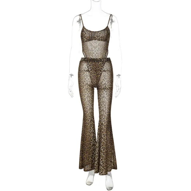 European And American Sexy Hot Girl Sleeveless Jumpsuit See through Leopard Print Bell bottom Pants Suit Leopard Print - Shop at LoveMi
