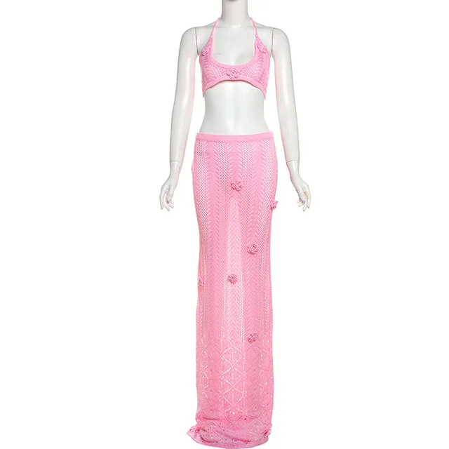 Spring And Summer New Women's Halter Dress Two piece Set Pink - Shop at LoveMi