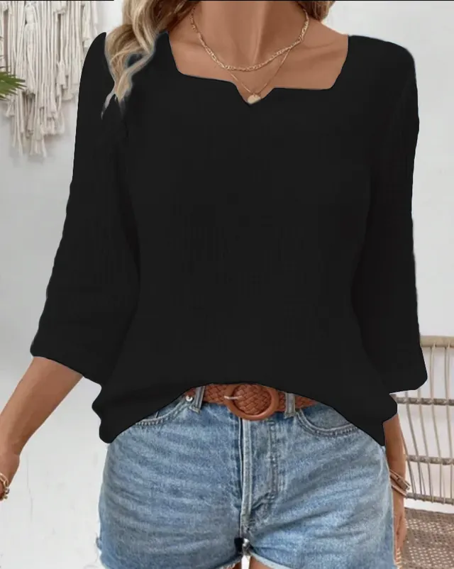 Women's Autumn Simplicity Solid Color Long sleeved V neck Top Black - Shop at LoveMi