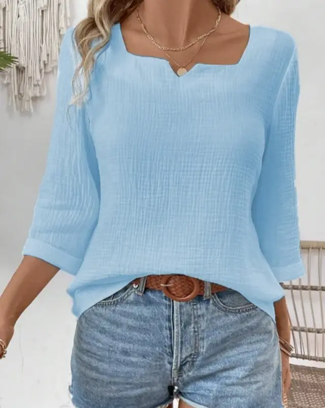 Women's Autumn Simplicity Solid Color Long sleeved V neck Top Blue - Shop at LoveMi