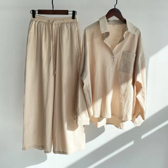 Cotton And Linen Shirt Outfit Waist Loose Trousers Apricot - Shop at LoveMi