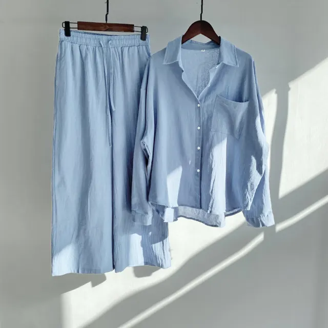 Cotton And Linen Shirt Outfit Waist Loose Trousers Morandi Blue - Shop at LoveMi