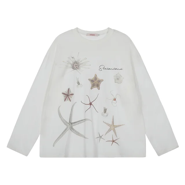 American Retro Simple Loose Long Sleeves T shirt White - Shop at LoveMi