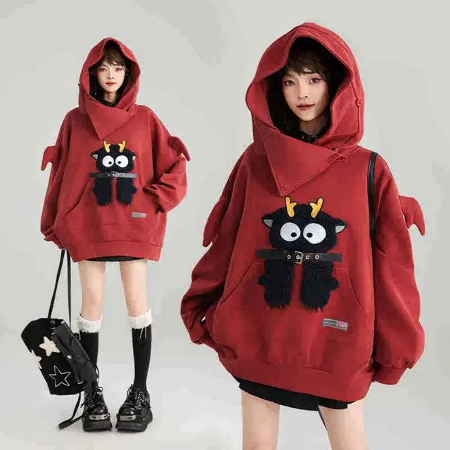 Girl Like Cartoon Embroidered Hooded Sweatshirt For Women Red Sweatshirt - Shop at LoveMi