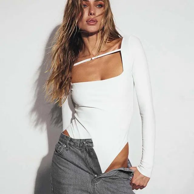 Fashion Comfortable Long Sleeve Square cut Collar Chest Lace up Solid Color Jumpsuit White - Shop at LoveMi