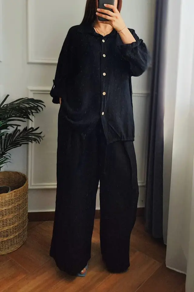 Plus size Baggy Cotton And Linen High waisted Suit With Buttons Black - Shop at LoveMi