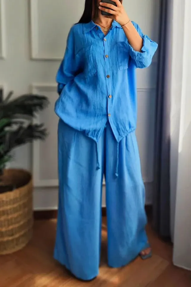 Plus size Baggy Cotton And Linen High waisted Suit With Buttons Blue - Shop at LoveMi