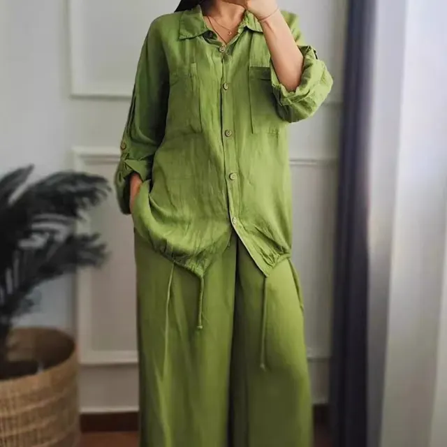Plus size Baggy Cotton And Linen High waisted Suit With Buttons Green - Shop at LoveMi