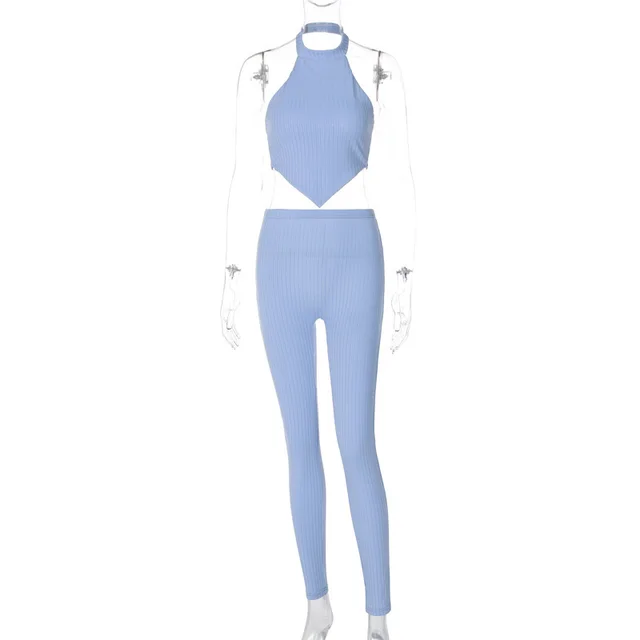 Backless Tube Top Top Slim Solid Color Trousers Suit Blue - Shop at LoveMi