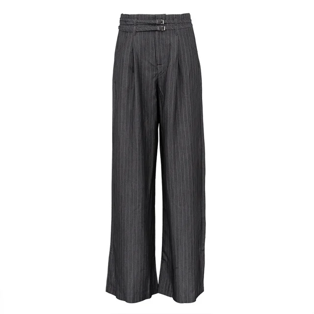 Retro High Waist Loose Striped Straight Suit Pants Gray - Shop at LoveMi