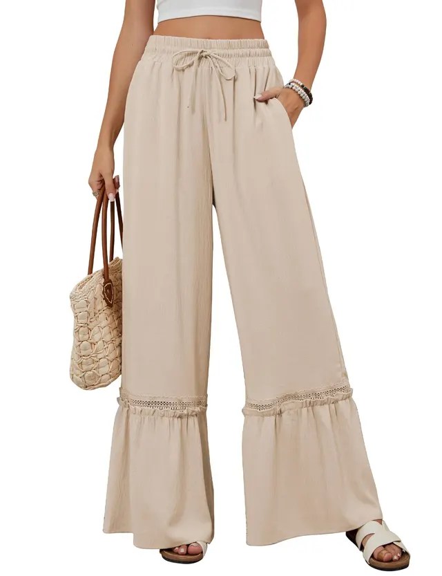 Solid Color High Waist Casual Pants Women's Drawstring Wide Leg Pants Apricot - Shop at LoveMi