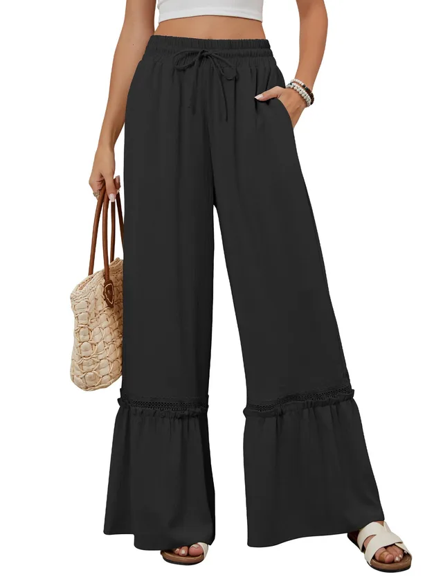 Solid Color High Waist Casual Pants Women's Drawstring Wide Leg Pants Black - Shop at LoveMi