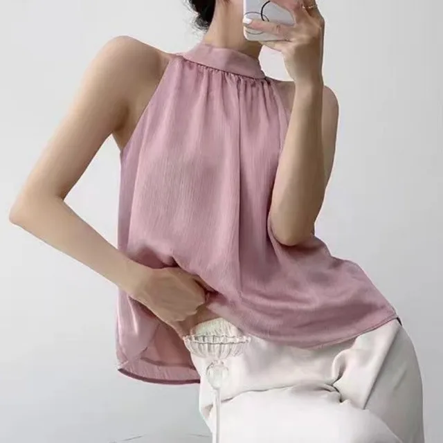Design Sleeveless Shirt Women's Niche Wear Beauty Shoulder French Halter Pink - Shop at LoveMi