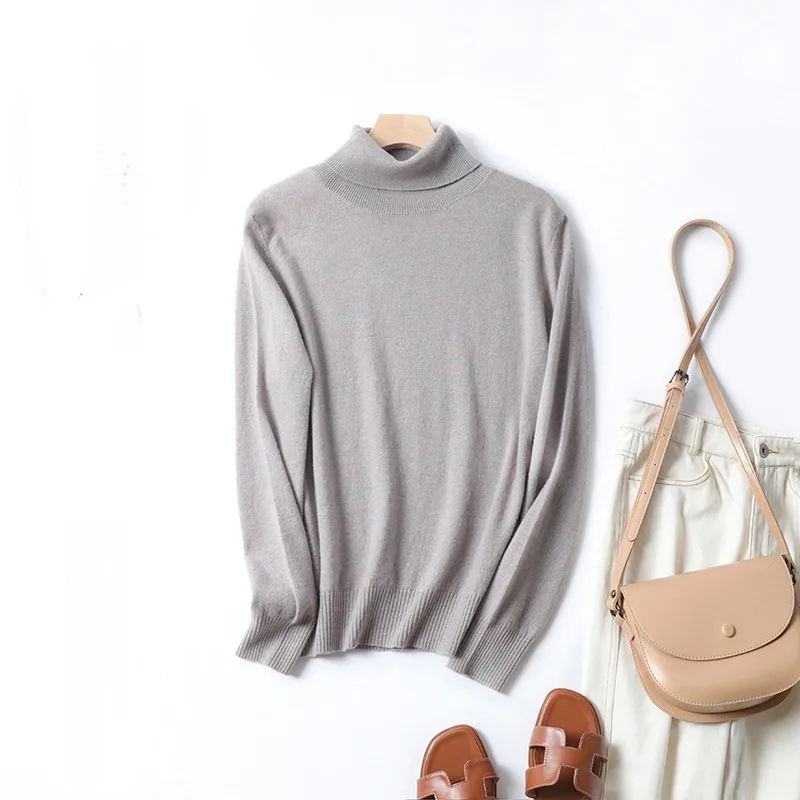 Women's Solid Colour Simple Turtleneck Knitting Cashmere Sweater - Camel