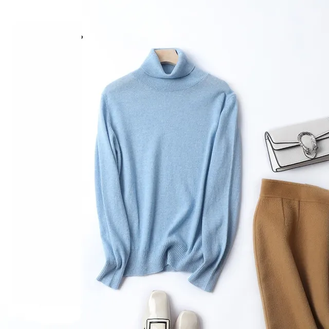 Women's Solid Color Simple Turtleneck Knitting Cashmere Sweater Flower Blue - Shop at LoveMi