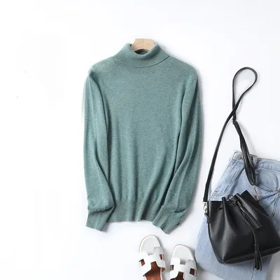 Women's Solid Color Simple Turtleneck Knitting Cashmere Sweater Olive Green - Shop at LoveMi