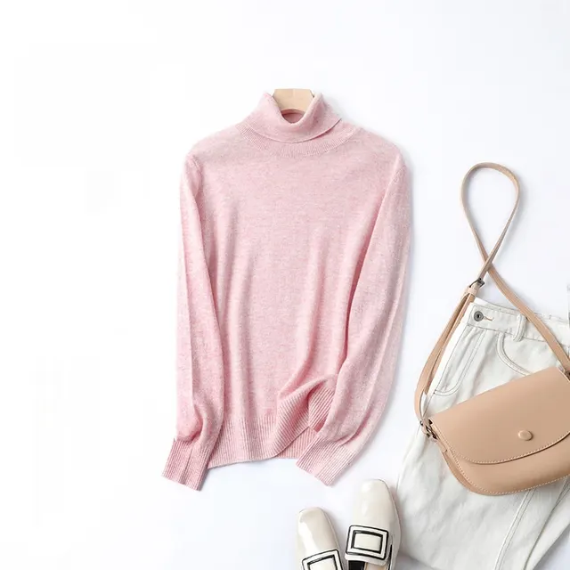 Women's Solid Color Simple Turtleneck Knitting Cashmere Sweater Pink - Shop at LoveMi