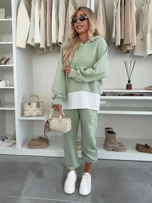 Hooded Sweatshirt Suit Loose Long Sleeve False Two piece Tops And Jogger Sports Trousers Casual Spots Set For Women's Clothing Green - Shop at LoveMi